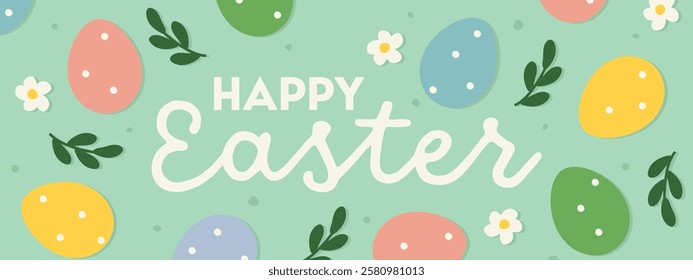 Happy Easter greetings banner with colorful eggs and floral elements- vector illustration