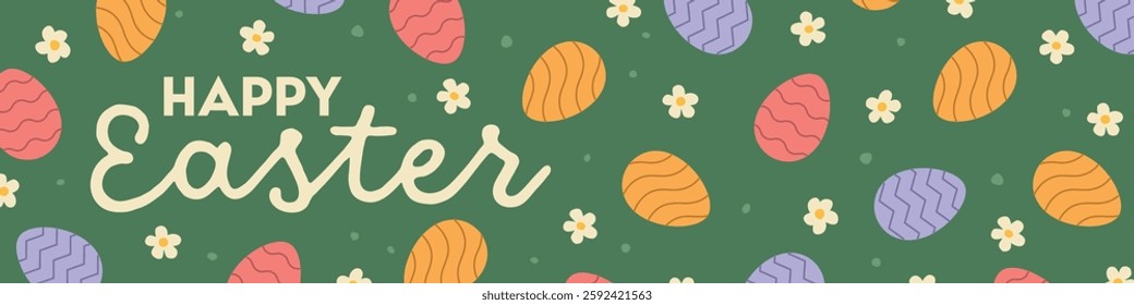 Happy Easter greetings banner with colorful eggs daisy flowers- vector illustration