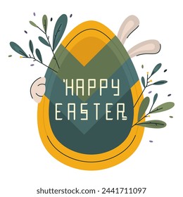 Happy Easter. Greetings for Banner Easter Day. Simple bright abstract colorful egg and bunny ears peeking out. Happy Easter greeting card. Modern vector illustration minimal style.