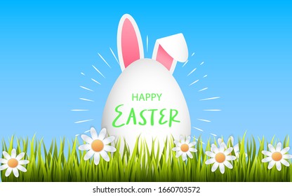 Happy Easter Greetings Banner. Template with space for text, greeting lettering on an egg, grass with daisies and a hidden rabbit. Vector illustration.