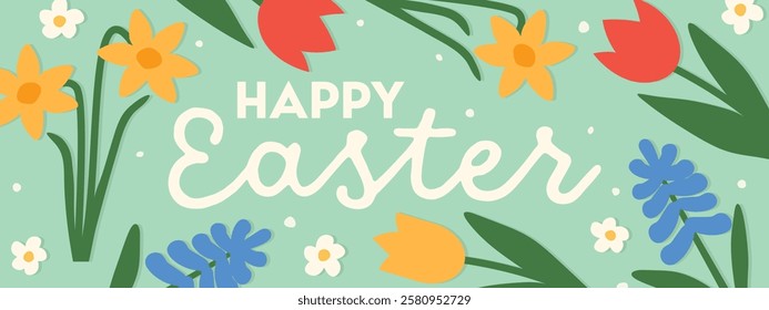 Happy Easter greetings banner with tulip, hyacinth and daffodil flowers- vector illustration