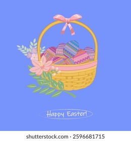 Happy Easter greetings with a basket of eggs and flowers