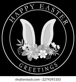 Happy Easter Greetings. Bouquet of spring flowers with rabbit ears on the dark background. Vector illustration