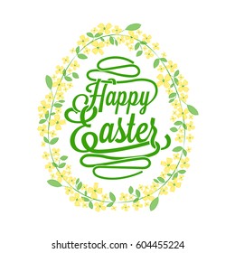 Happy Easter greetings card calligraphic lettering with egg and floral wreath created by watercolor brush - vector illustration