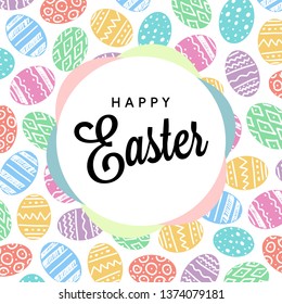Happy Easter greetings card with colorful eggs pattern background. Vector flat celebration illustration