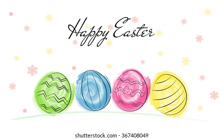 Happy Easter greetings card with colorful eggs drawn by watercolor brush