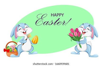 Happy Easter greetings card with cute rabbits. Funny Easter bunnies cartoon characters. Stock vector 