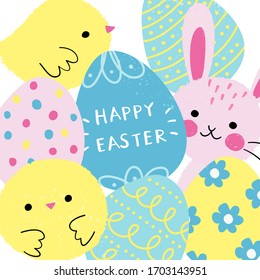 Happy Easter greetings card with cute characters in cartoon style. Colorful painted eggs, Easter bunny and chicks. Vector illustration, all elements are isolated.