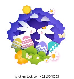 Happy Easter greetings card with Cute white rabbits in paper cut style. Bunny, flowers and butterfly. Spring holidays in modern style. Easter Egg Hunt with colorful eggs. Spring scene.
