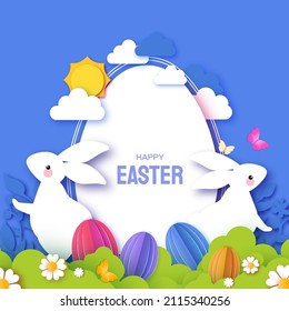 Happy Easter greetings card with Cute white rabbits in paper cut style. Bunny, flowers and butterfly. Spring holidays in modern style. Easter Egg Hunt with egg hunt. Spring scene.