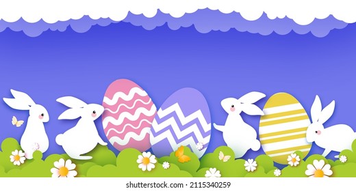 Happy Easter greetings card with Cute white rabbits in paper cut style. Bunny, flowers and butterfly. Spring holidays in modern style. Easter Egg Hunt with colorful eggs. Spring scene