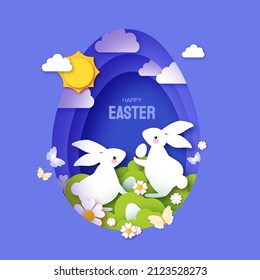 Happy Easter greetings card with Cute white rabbits in paper cut style. Bunny, flowers and butterfly. Spring holidays in modern style. Easter Egg Hunt. Spring scene.