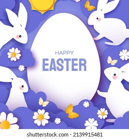 Happy Easter greetings card with Cute white rabbits in paper cut style. Bunny, flowers and butterfly. Spring holidays in modern style. Easter Egg Hunt with egg hunt. Spring scene.