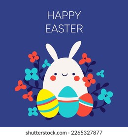 Happy Easter greetings card with cute Easter bunny and Easter eggs. Vector illustration for poster or social banner.