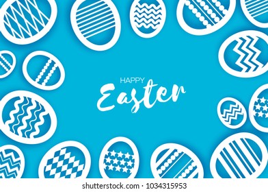 Happy Easter Greetings card. Eggs in paper cut style. Spring holidays on blue. Space for text.