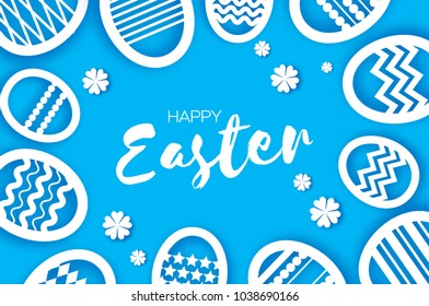 Happy Easter Greetings card. Eggs in paper cut style. Spring holidays on blue. Space for text.