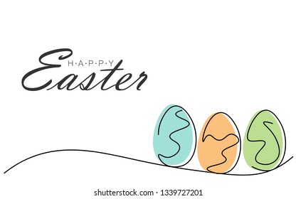 Happy Easter greetings card with eggs on grass, vector illustration