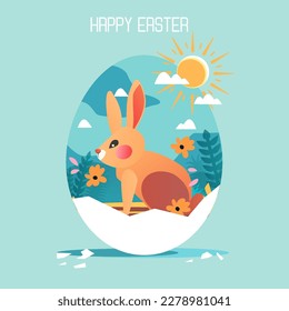 Happy Easter Greetings card, Flat easter bunny. Easter eggs, flowers, leaves. Spring time. Holidays Vector