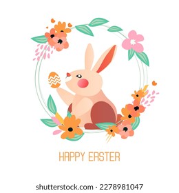 Happy Easter Greetings card, Flat easter bunny. Easter eggs, flowers, leaves. Spring time. Holidays Vector