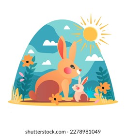 Happy Easter Greetings card, Flat easter bunny. Easter eggs, flowers, leaves. Spring time. Holidays Vector