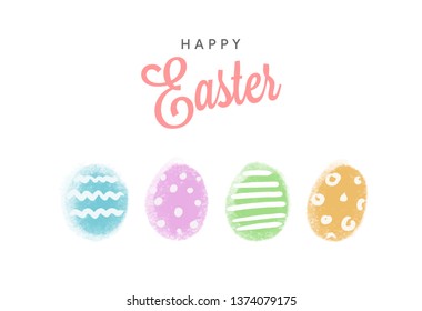 Happy Easter greetings card with four colorful eggs isolated on white background. Vector flat celebration illustration