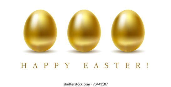 Happy easter greetings card with golden eggs on white background.