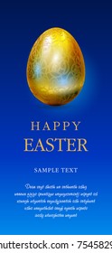 Happy easter greetings card with golden egg and blue space for text.