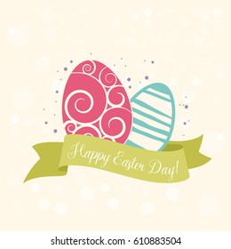Happy Easter greetings card with two eggs and ribbon