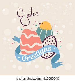 Happy Easter greetings card with two eggs, chicken and ribbon