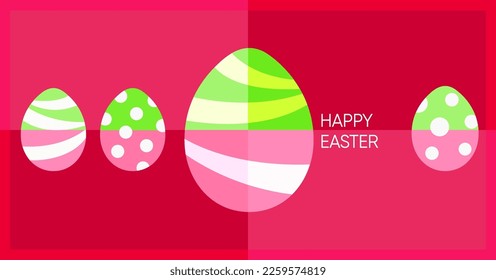 Carta feliz de saludos de Pascua en colores vivos con huevos de Pascua. Ilustración vectorial de estilo minimalista plano para afiches, pancartas, publicaciones en medios sociales, invitación.