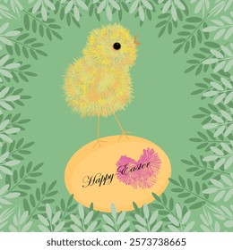 Happy Easter greetings chicken standing on an egg in plants, postcard, sticker