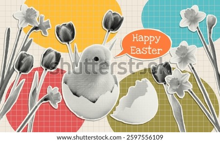 Happy Easter greetings collage cut out with halftone effect in pop art style. Easter trendy vintage sticker for card, banner, background.