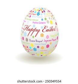 Happy Easter greetings colorful multilingual on a white egg  