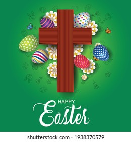 happy Easter greetings. cross with flowers and eggs. vector illustration design.
