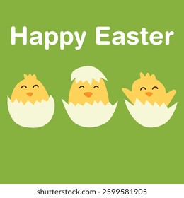 Happy Easter greetings with cute hand drawn three little baby chicks in cracked eggs on green background. For greeting cards, postcards and stationery 