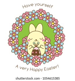 Happy Easter greetings. Cute white bunny sitting among flowers. Sweet easter rabbit with eggs. Isolated vector icon, banner in kawaii style