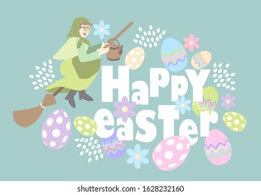 Happy Easter Greetings decorated with scandinavian Easter Witch flying on a broomstick to Blockula (Blåkulla), vector illustration