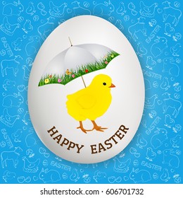 Happy Easter greetings - eastern chicken with umbrella on white egg.