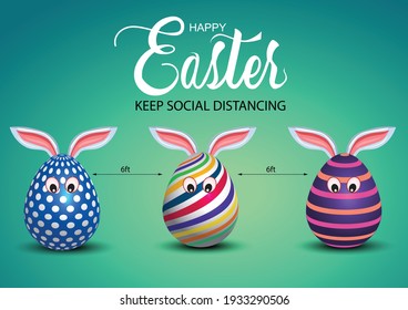 happy Easter greetings. egg cartoon characters keep social social distancing. vector illustration design. covid-19 corona virus concept