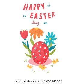 Felices saludos de Pascua con un huevo de Pascua y un arreglo floral. Felices antecedentes vectoriales de Pascua aislados en blanco