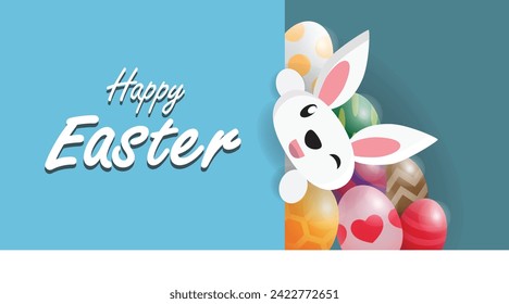 happy easter greetings with easter egg and rabbit illustration behind the wall