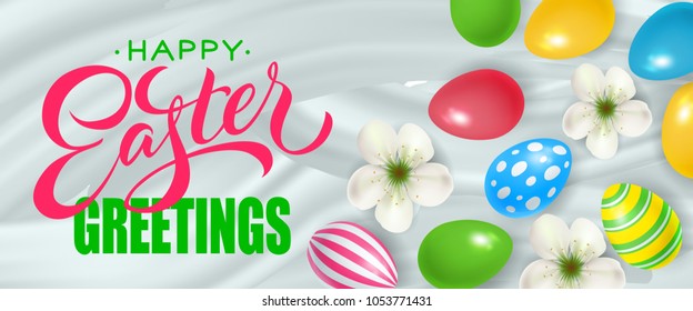 Happy Easter greetings festive banner design with colored eggs and white blossoms. Calligraphic inscription can be used for greeting cards, postcards, posters.