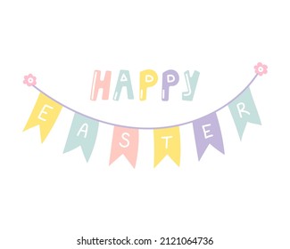 Happy Easter greetings, flag garland, hand lettering, vector flat illustration
