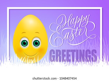 Happy Easter greetings in frame with cartoon in grass egg on purple background. Greeting card, postcard, invitation. Easter holiday concept. Can be used for posters, leaflets and brochure
