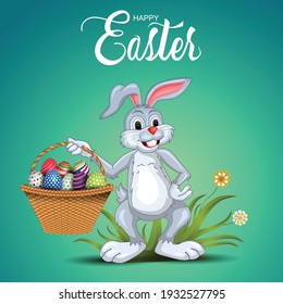 happy Easter greetings. Holding a funny rabbit egg basket in his hand. vector illustration design