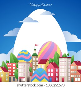 Happy Easter greetings illustration with eggs and city. Colorful spring holidays design with flowers and leaves.