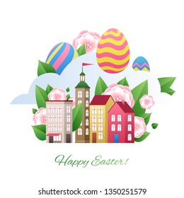 Happy Easter greetings illustration with eggs and city. Colorful spring holidays design with flowers and leaves.