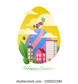 Happy Easter greetings illustration with eggs and city. Colorful spring holidays design with bird and leaves.