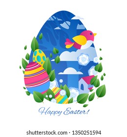 Happy Easter greetings illustration with eggs and city. Colorful spring holidays design with flowers and leaves.