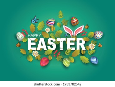 happy Easter greetings. Easter letter decorate with leaf, flowers, eggs. vector illustration design